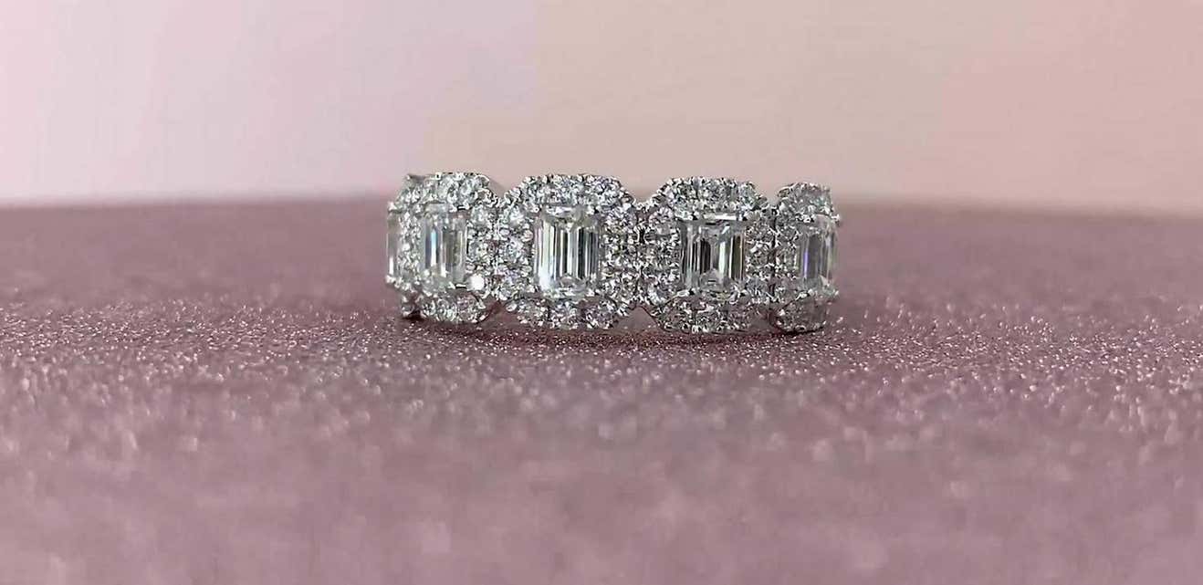 1.66 TCW Half Eternity  Emerald Cut Diamond White Gold Engagement Band