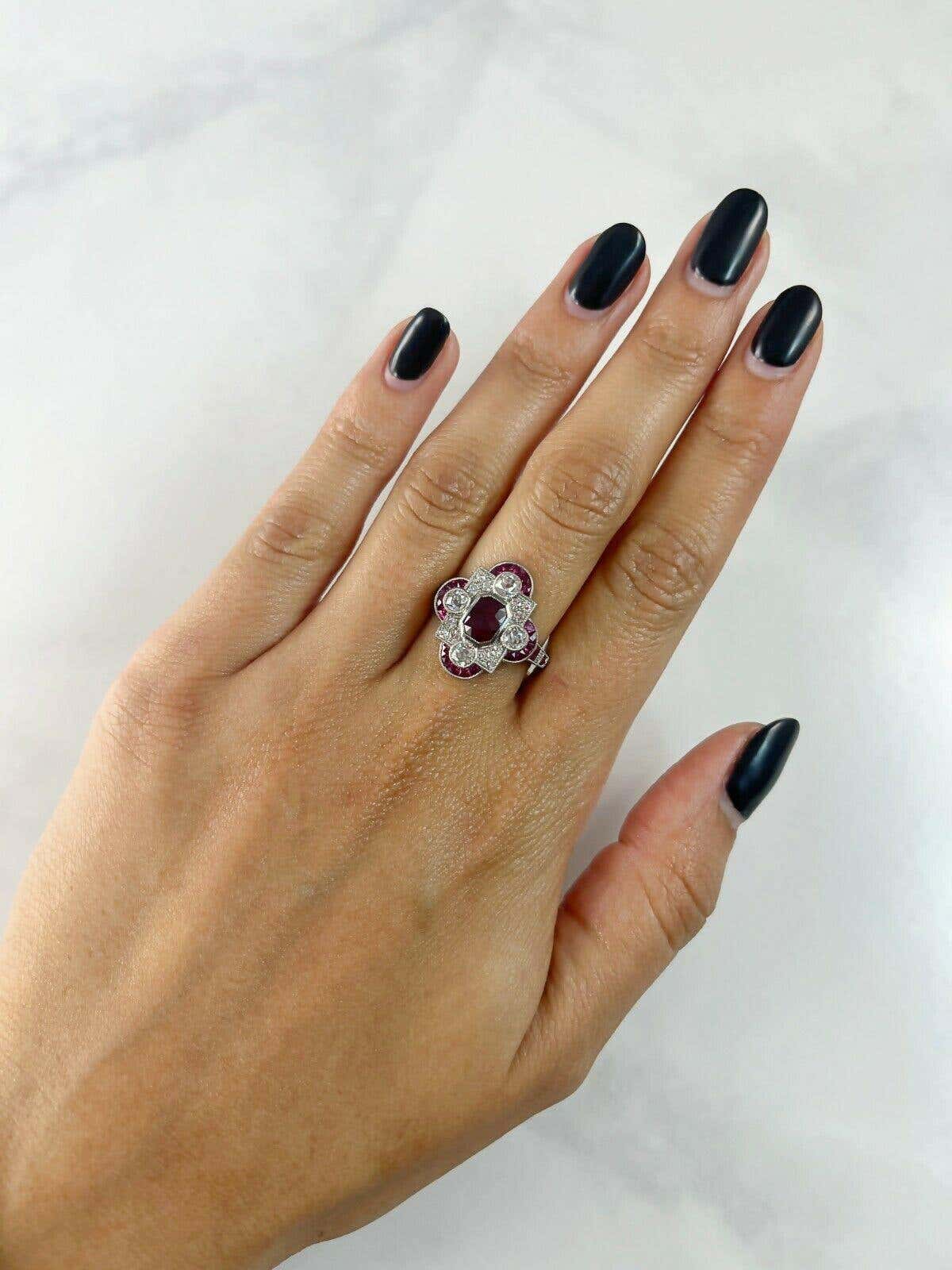 Art Deco Emerald Cut Ruby Diamond Platinum Ring
