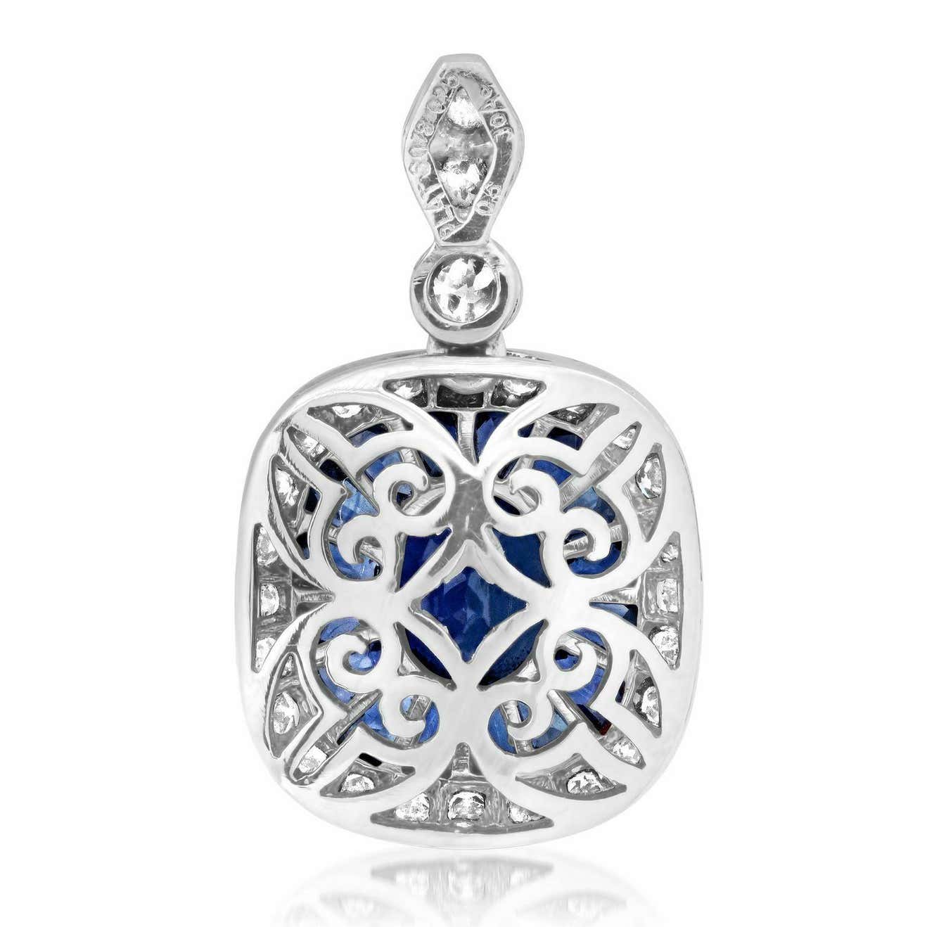 Art Deco Blue Sapphire Diamond Platinum Pendant Necklace French Cut Baguettes