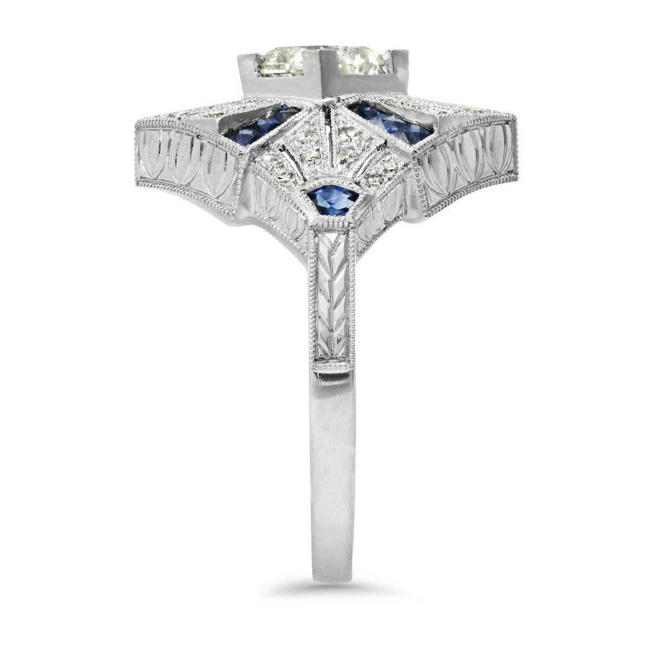 Art Deco Princess Cut Diamond Sapphire Platinum Engagement Ring