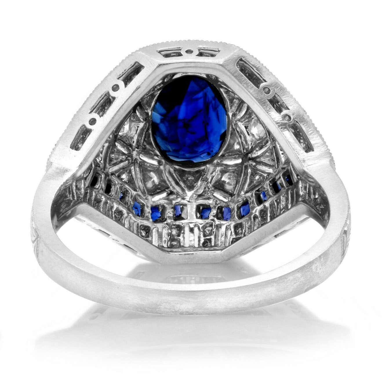Art Deco Oval Sapphire Diamond Platinum Handmade Ring