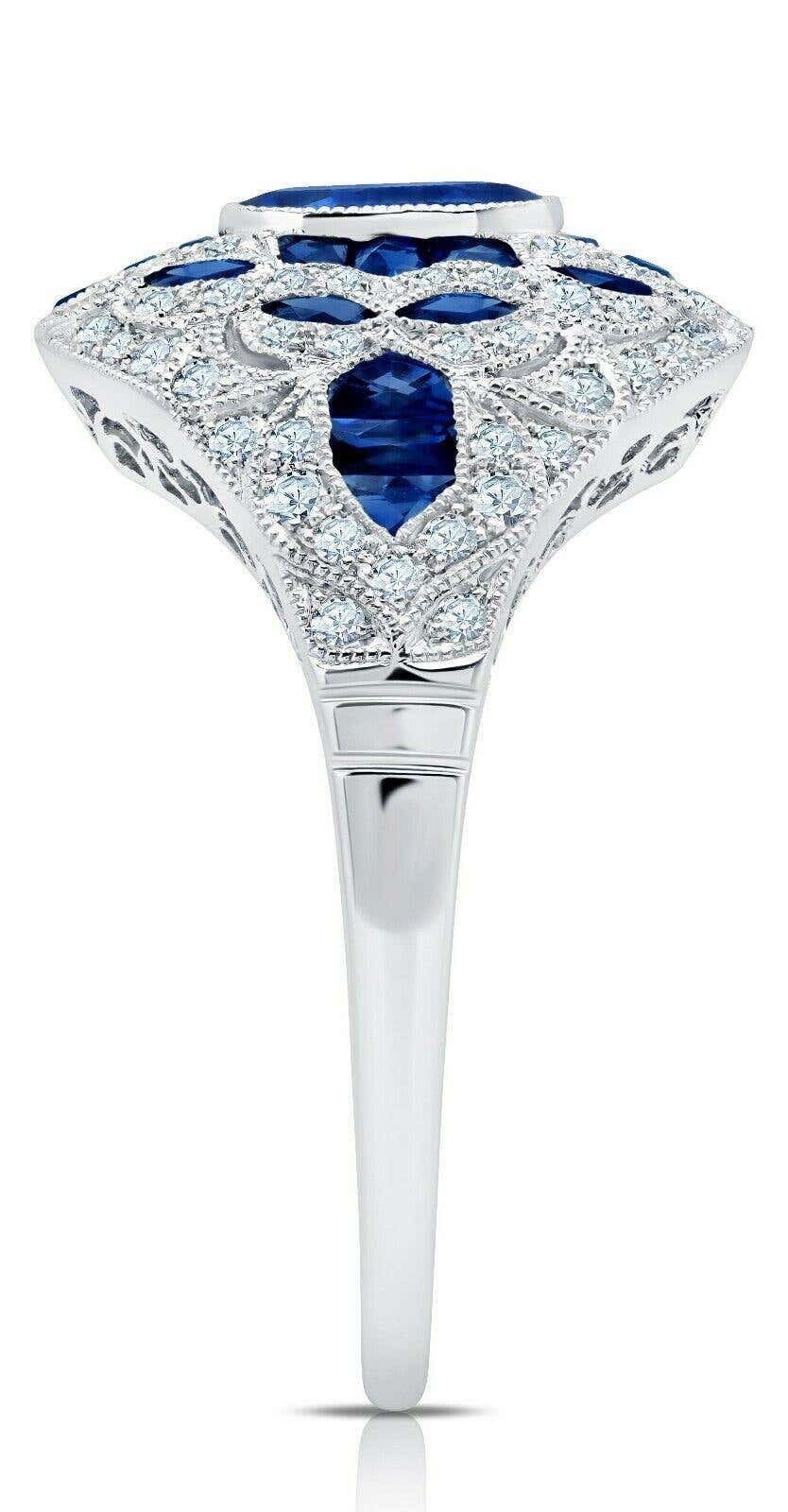 Art Deco Style Oval Cut Sapphire Diamond Platinum Cocktail  Ring