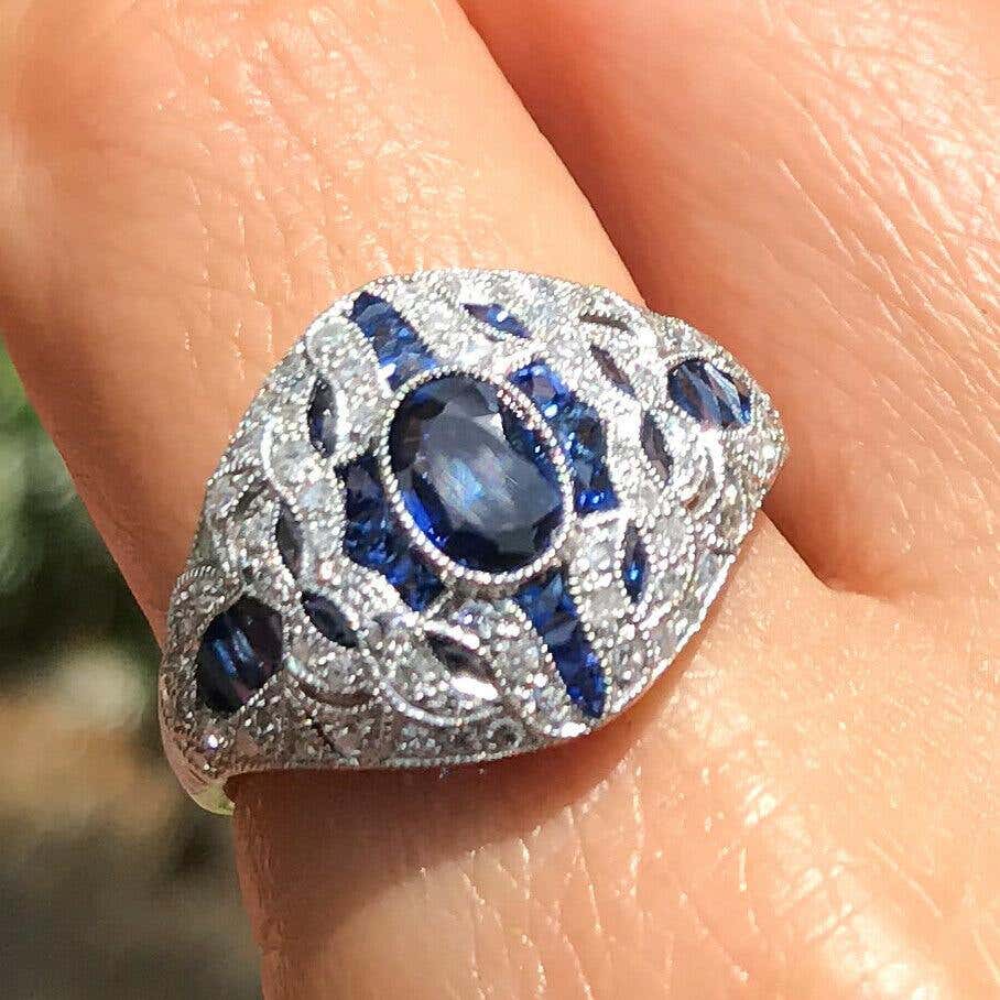 Art Deco Style Oval Cut Sapphire Diamond Platinum Cocktail  Ring