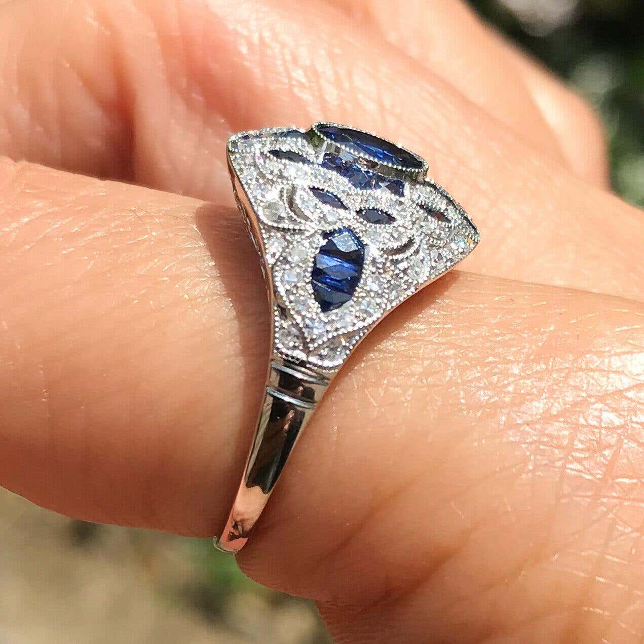 Art Deco Style Oval Cut Sapphire Diamond Platinum Cocktail  Ring