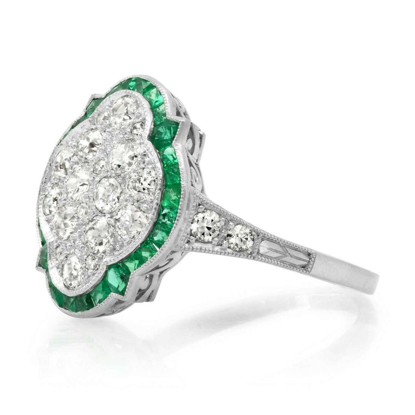 Art Deco Diamond Emerald Platinum Statement Ring Natural