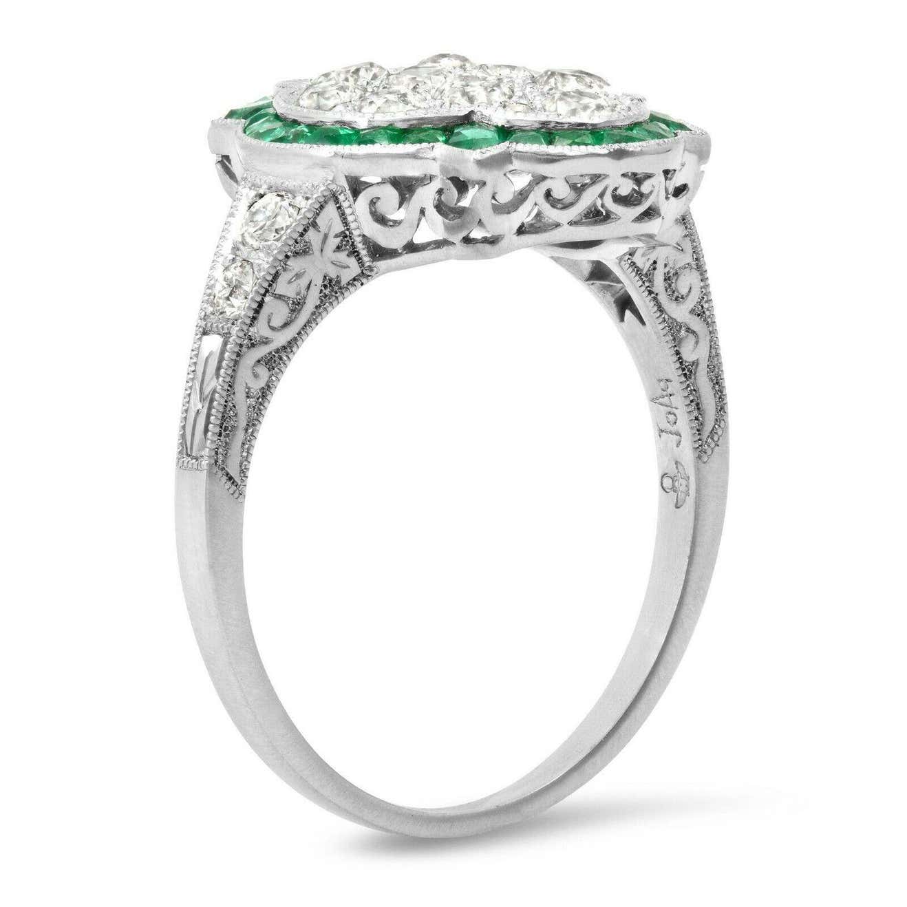 Art Deco Diamond Emerald Platinum Statement Ring Natural