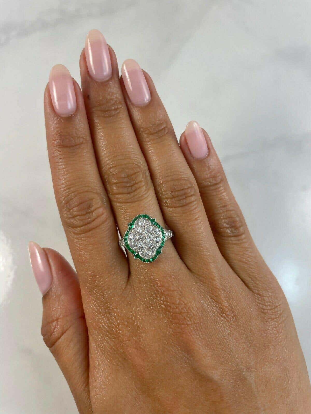 Art Deco Diamond Emerald Platinum Statement Ring Natural