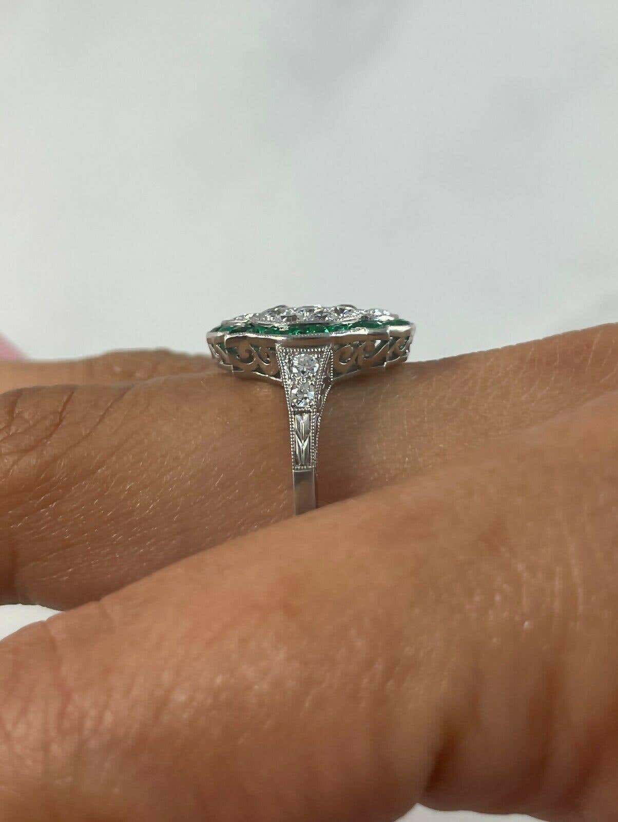 Art Deco Diamond Emerald Platinum Statement Ring Natural