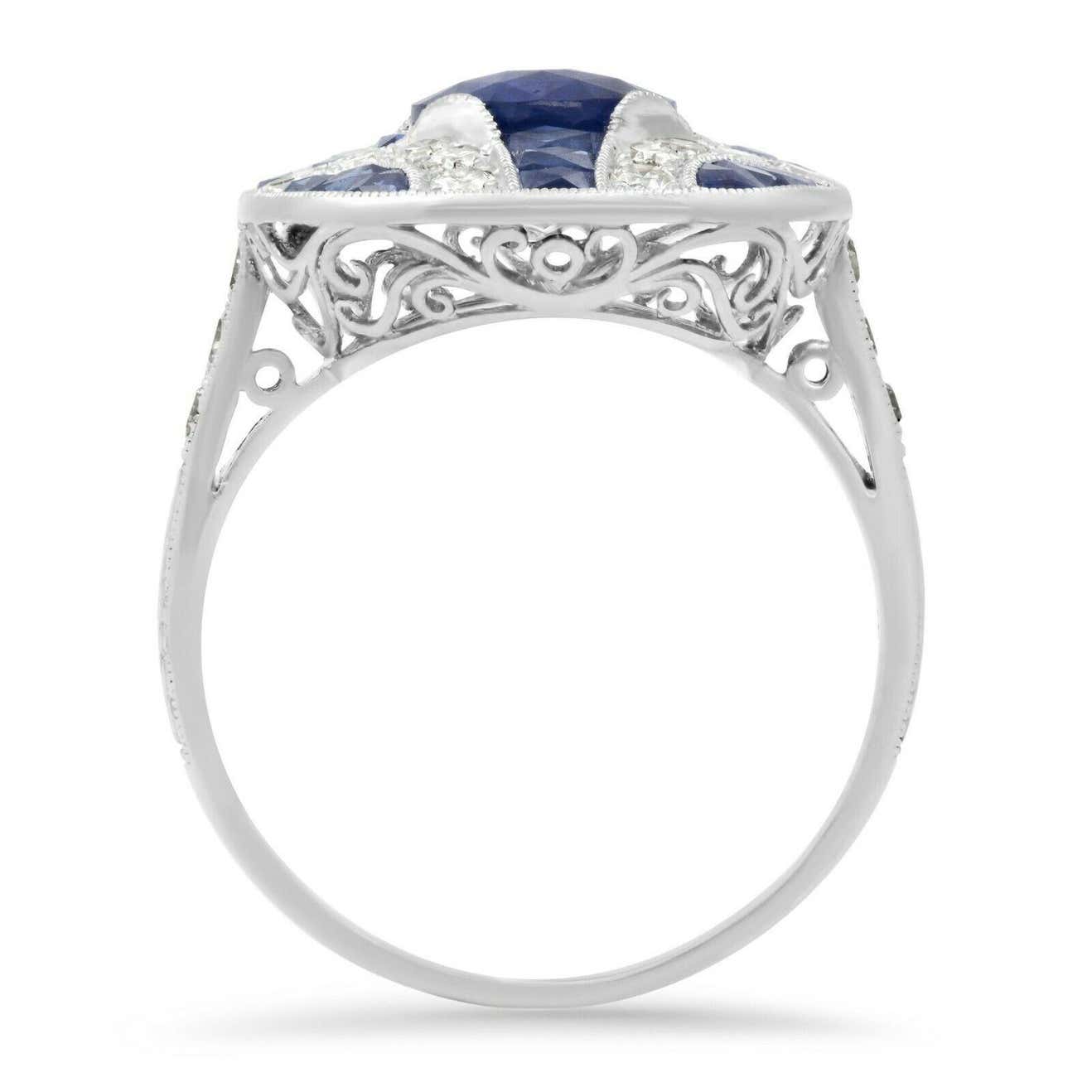 Art Deco Oval Sapphire Diamond Platinum Ring 3.89 TCW Natural