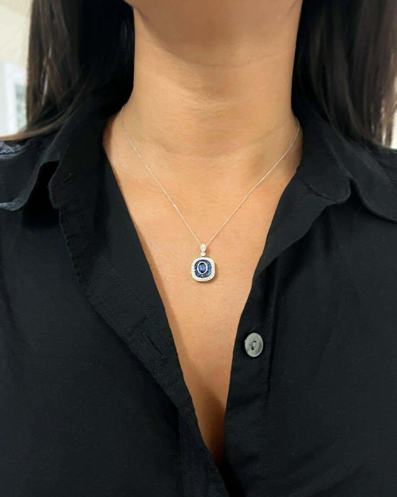 Art Deco Blue Sapphire Diamond Platinum Pendant Necklace French Cut Baguettes