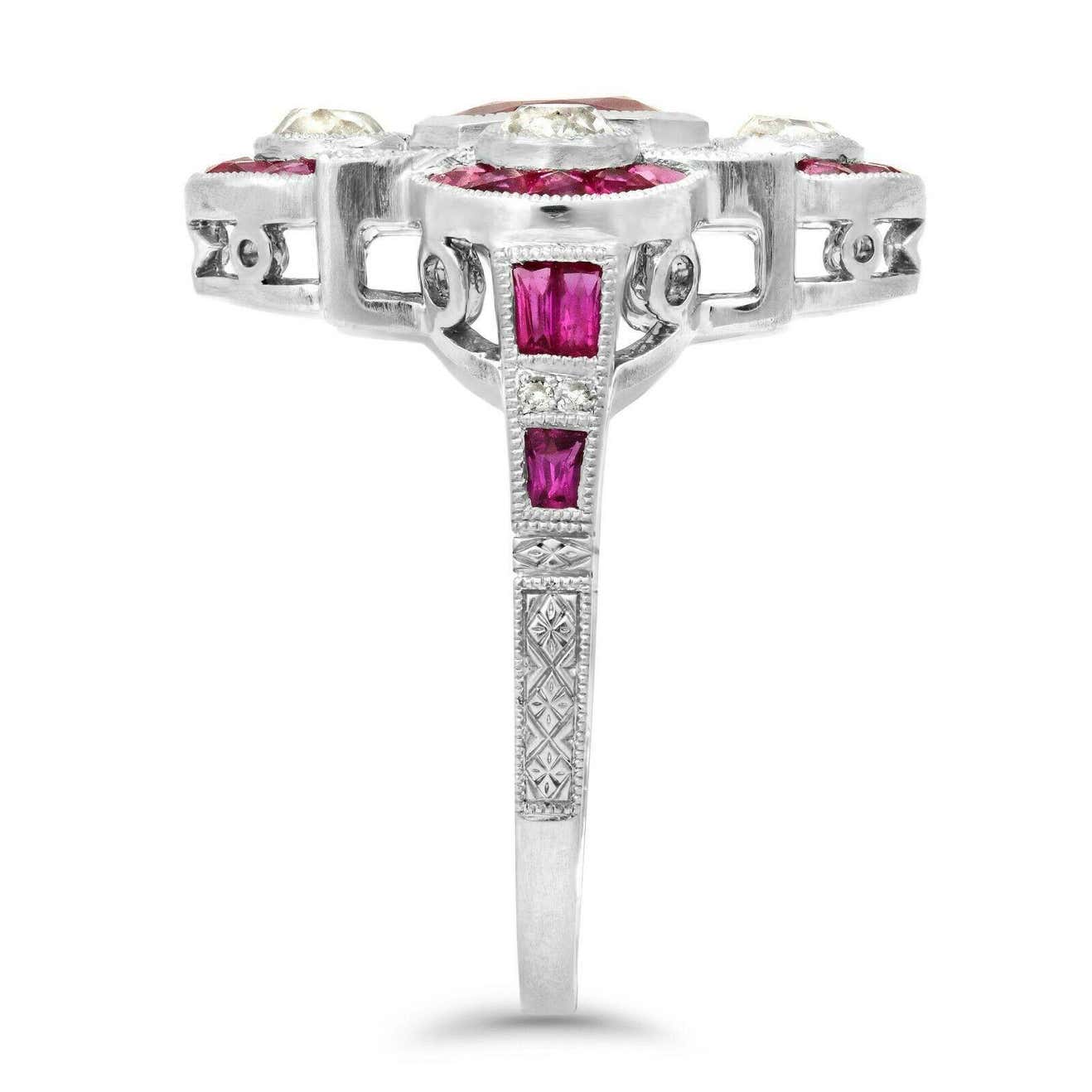 Art Deco Emerald Cut Ruby Diamond Platinum Ring