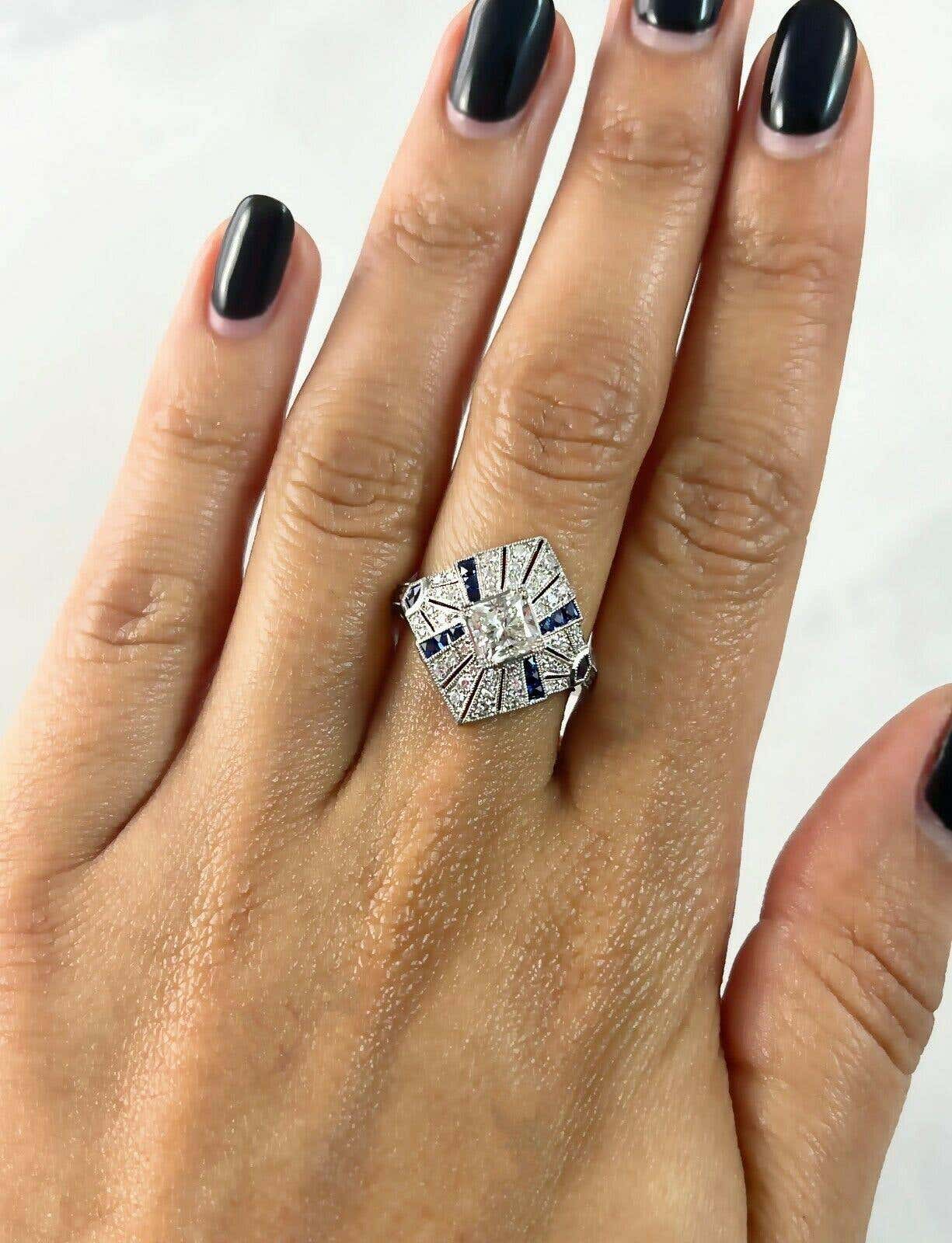 Art Deco Princess Cut Diamond Sapphire Platinum Engagement Ring