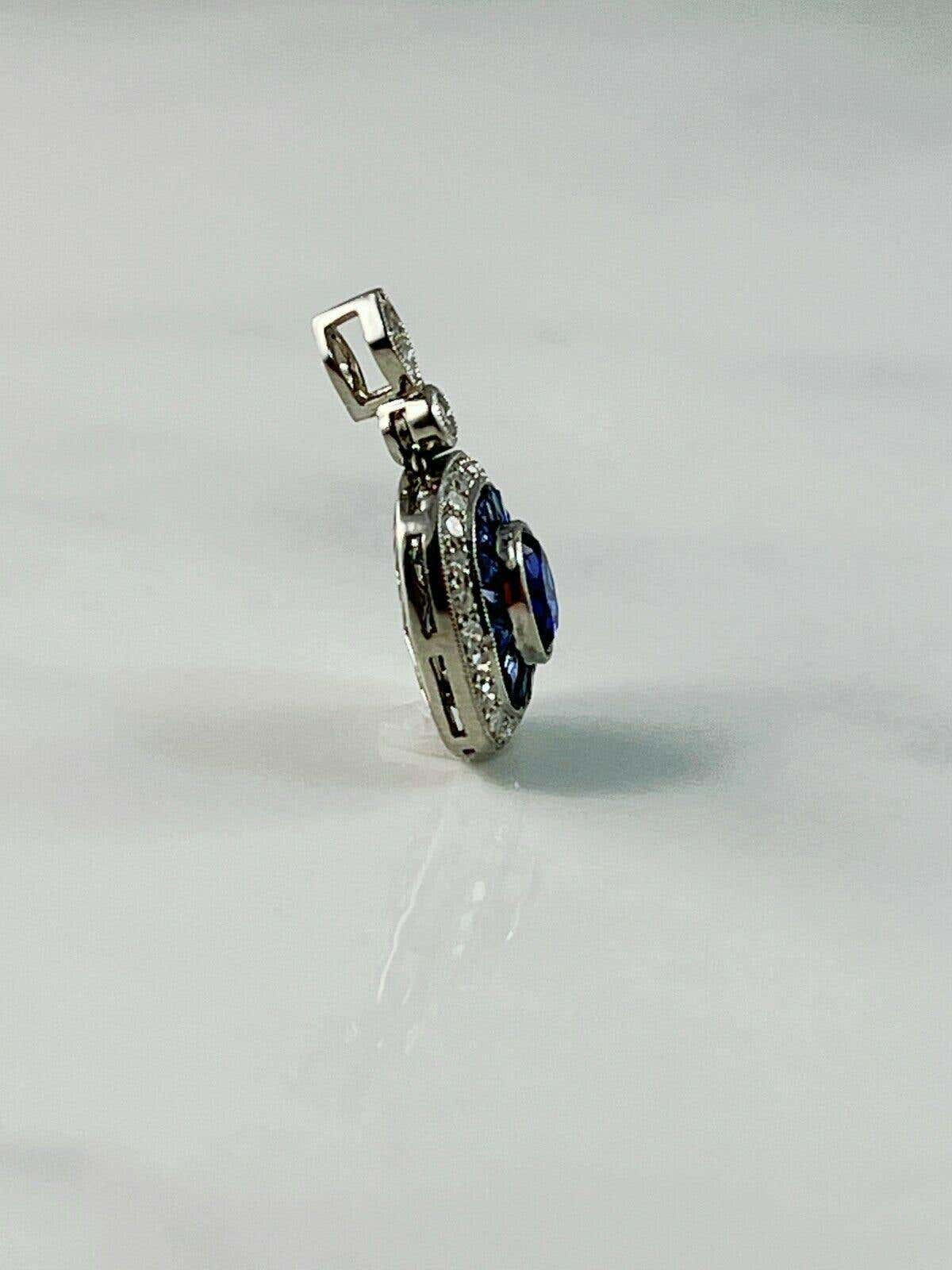Art Deco Blue Sapphire Diamond Platinum Pendant Necklace French Cut Baguettes