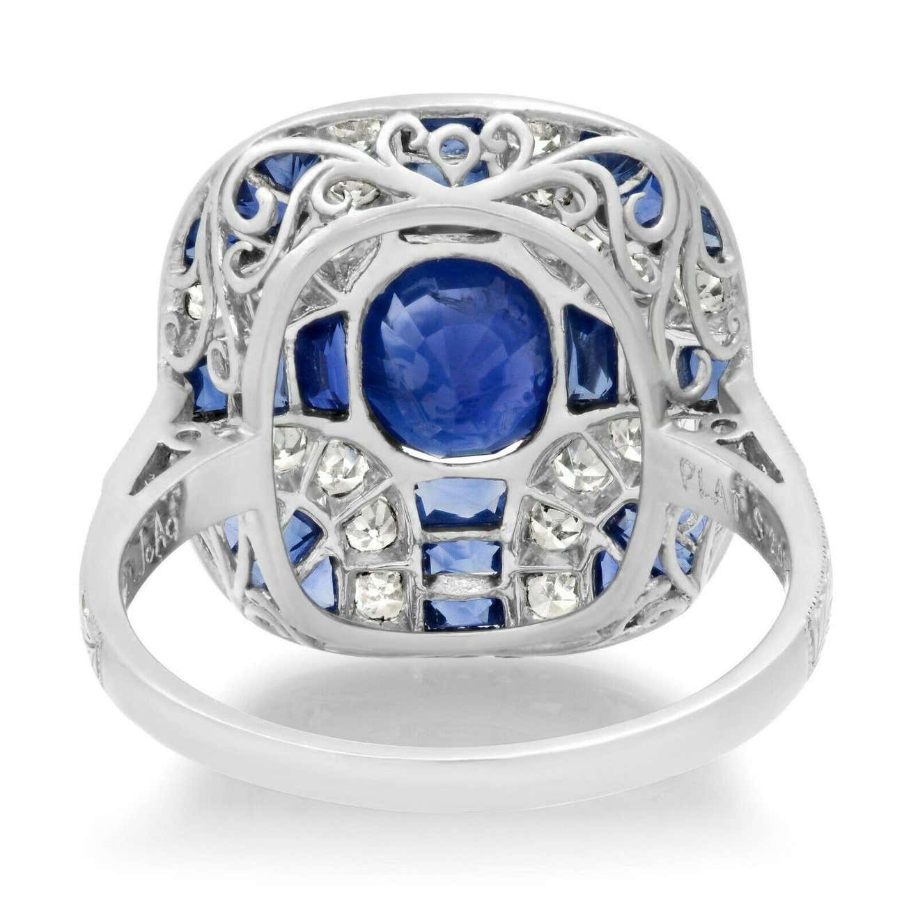 Art Deco Oval Sapphire Diamond Platinum Ring 3.89 TCW Natural