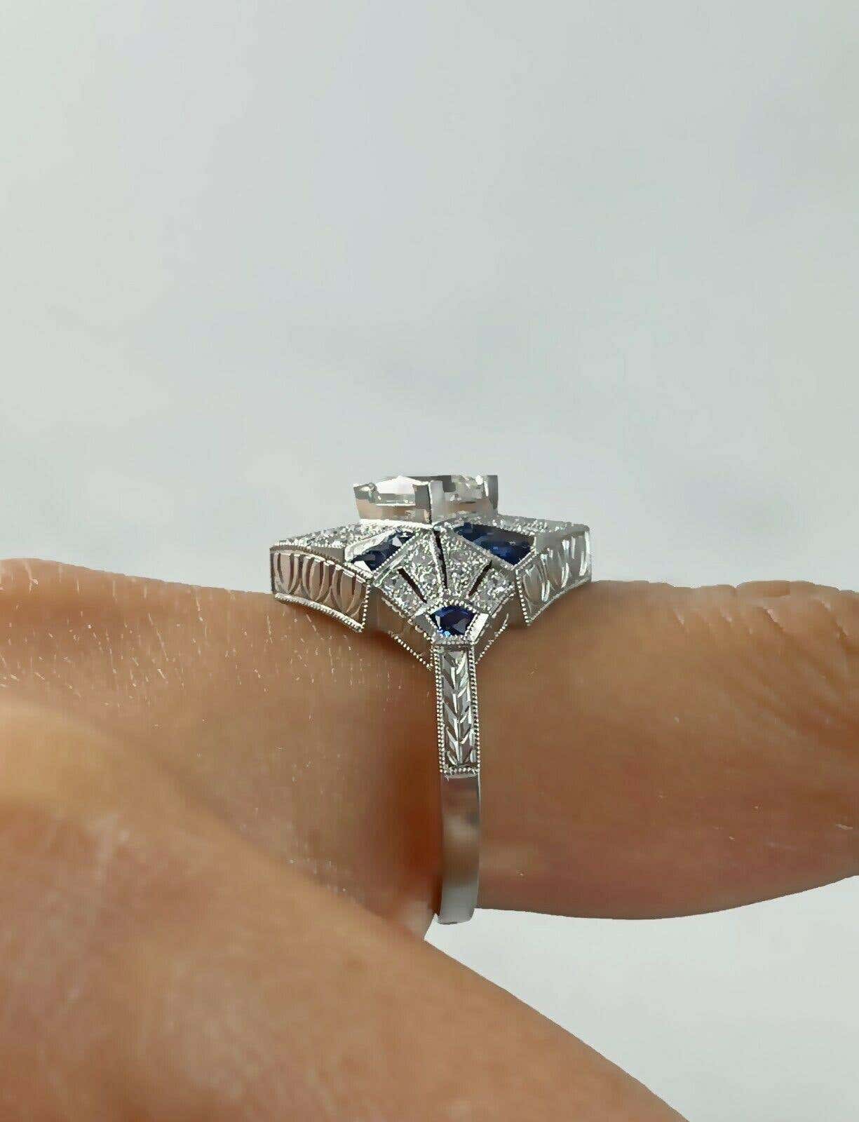 Art Deco Princess Cut Diamond Sapphire Platinum Engagement Ring