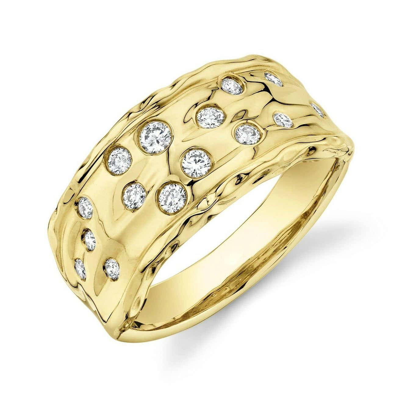Scattered Floating 0.30 Total Carat Round Diamond Wavy Hammered Yellow Gold Ring