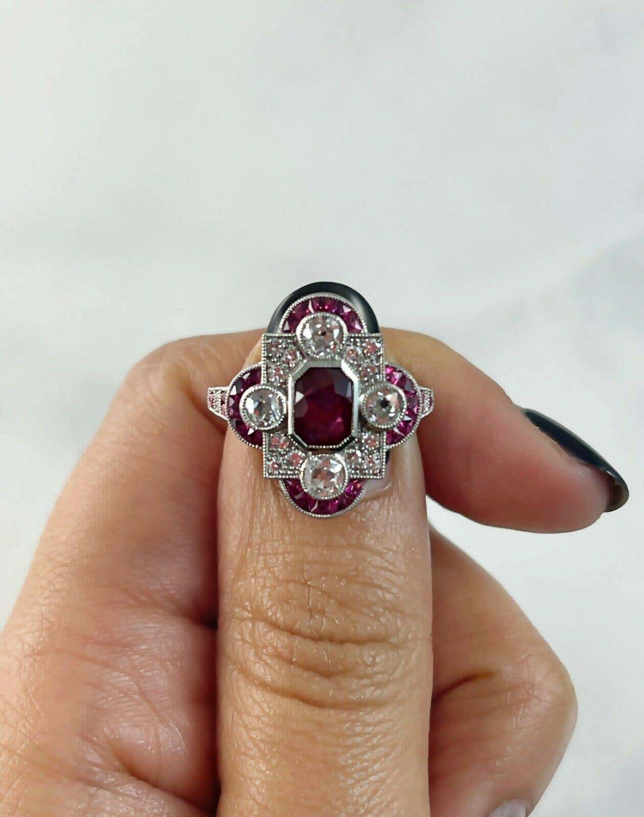 Art Deco Emerald Cut Ruby Diamond Platinum Ring