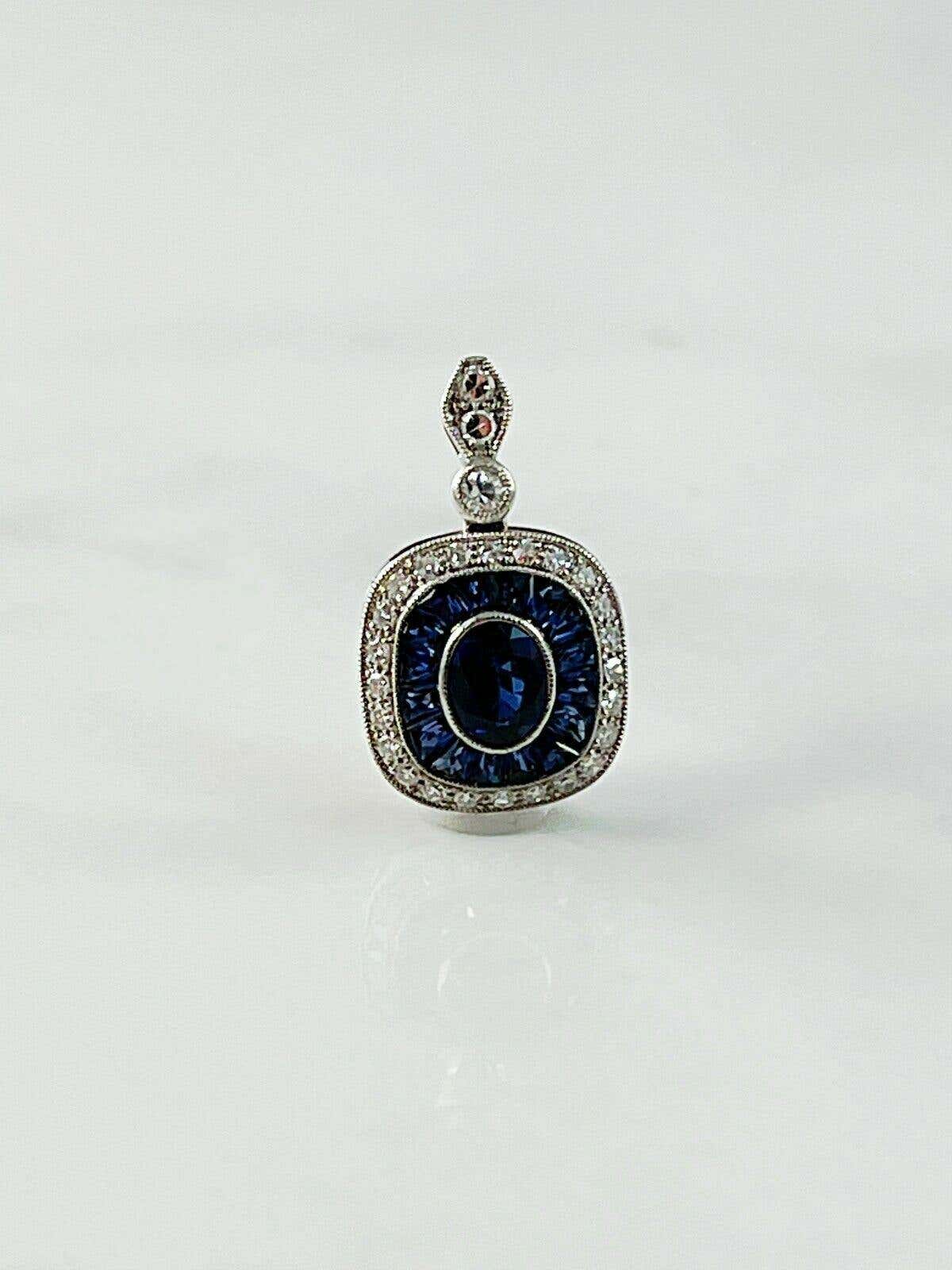 Art Deco Blue Sapphire Diamond Platinum Pendant Necklace French Cut Baguettes