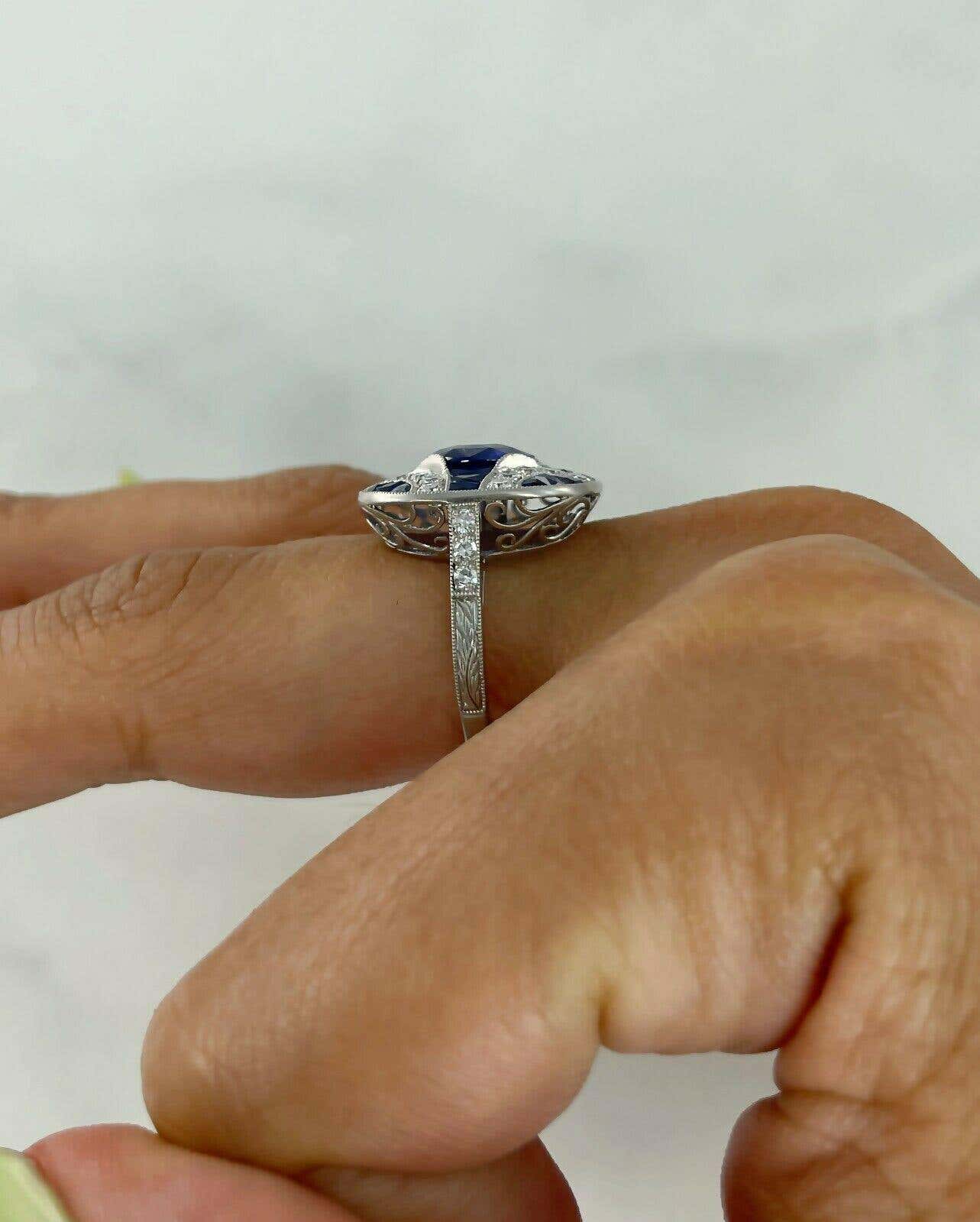 Art Deco Oval Sapphire Diamond Platinum Ring 3.89 TCW Natural