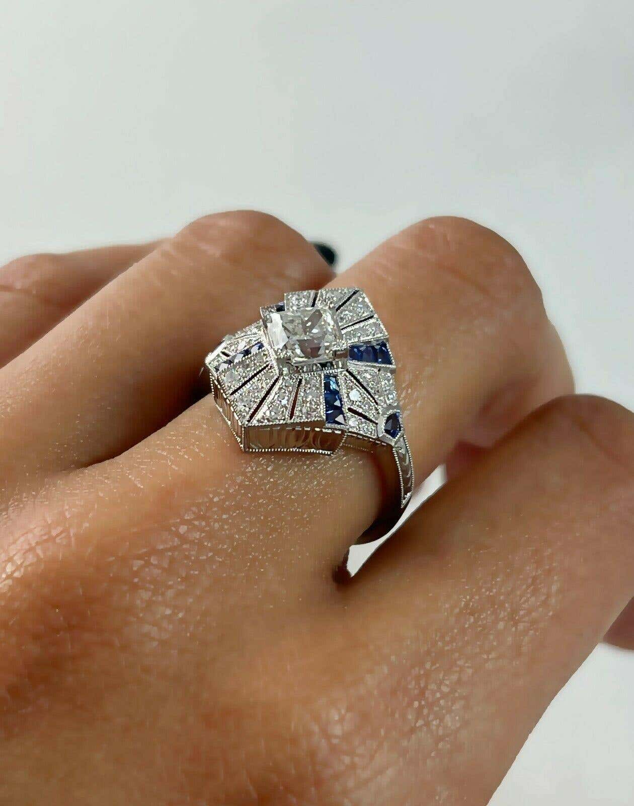 Art Deco Princess Cut Diamond Sapphire Platinum Engagement Ring