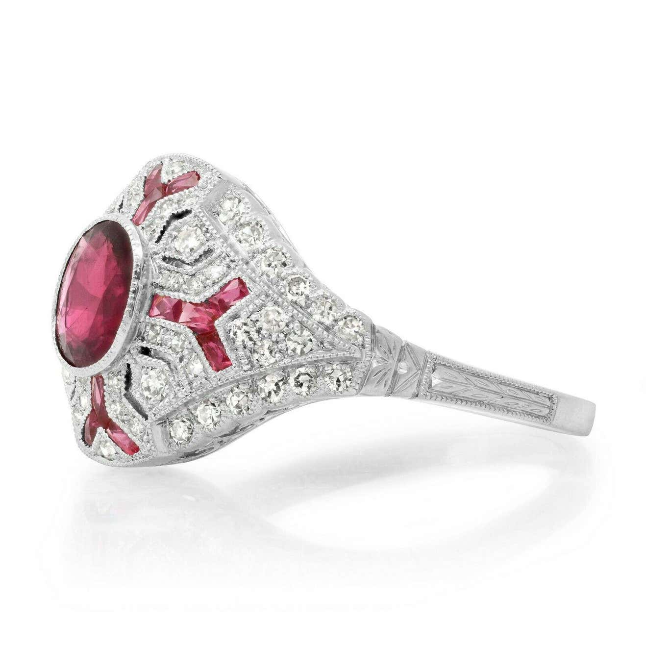 Art Deco Oval Ruby Diamond Platinum Engagement Ring