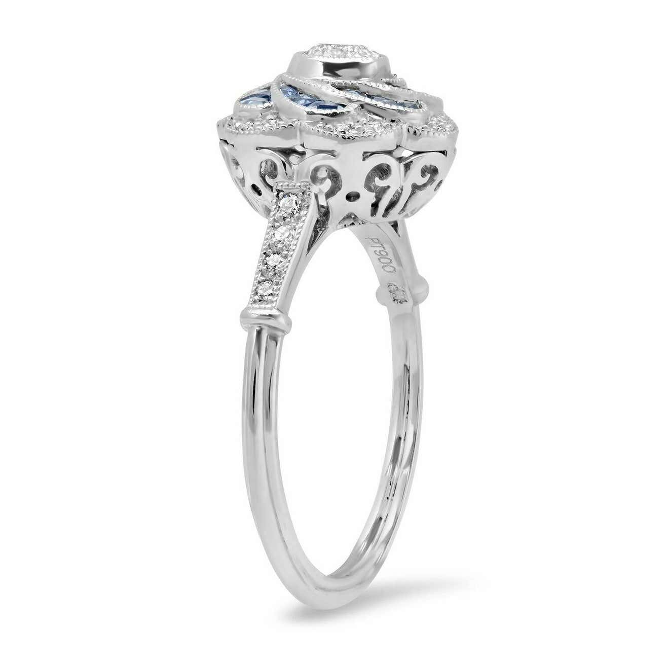 Art Deco Floral Diamond Sapphire Platinum Engagement Ring