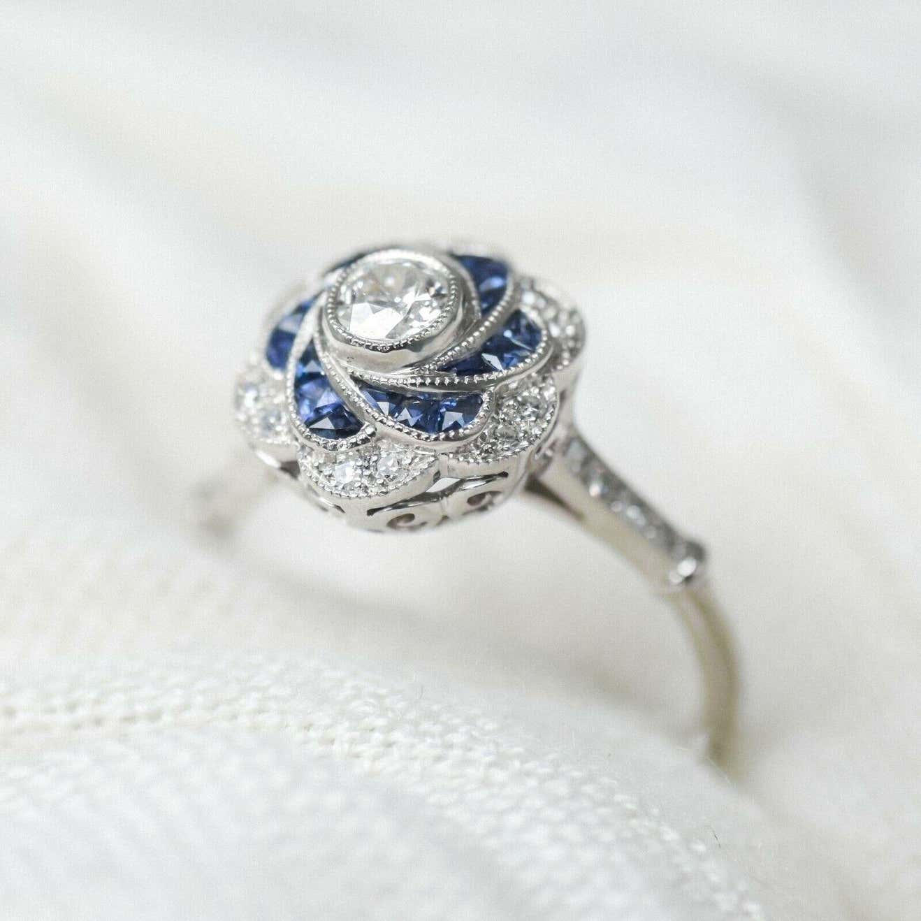 Art Deco Diamond Blue Sapphire Flower Platinum Engagement Ring