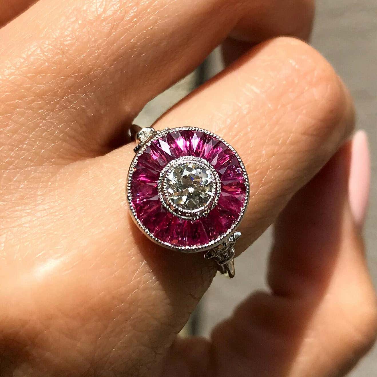 Art Deco Diamond Baguette Ruby Platinum Engagement Ring