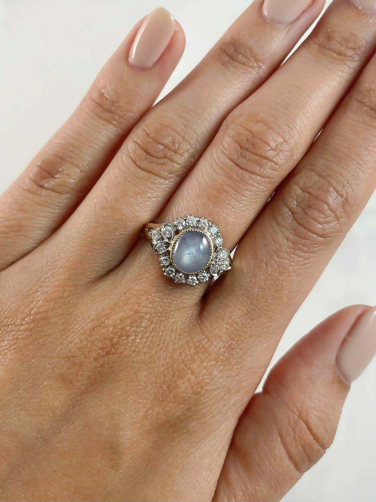 3.55 TCW Star Asterism Sapphire Diamond  Yellow Gold Engagement Ring