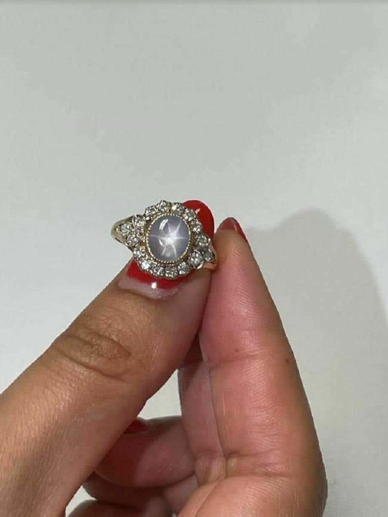 3.55 TCW Star Asterism Sapphire Diamond  Yellow Gold Engagement Ring