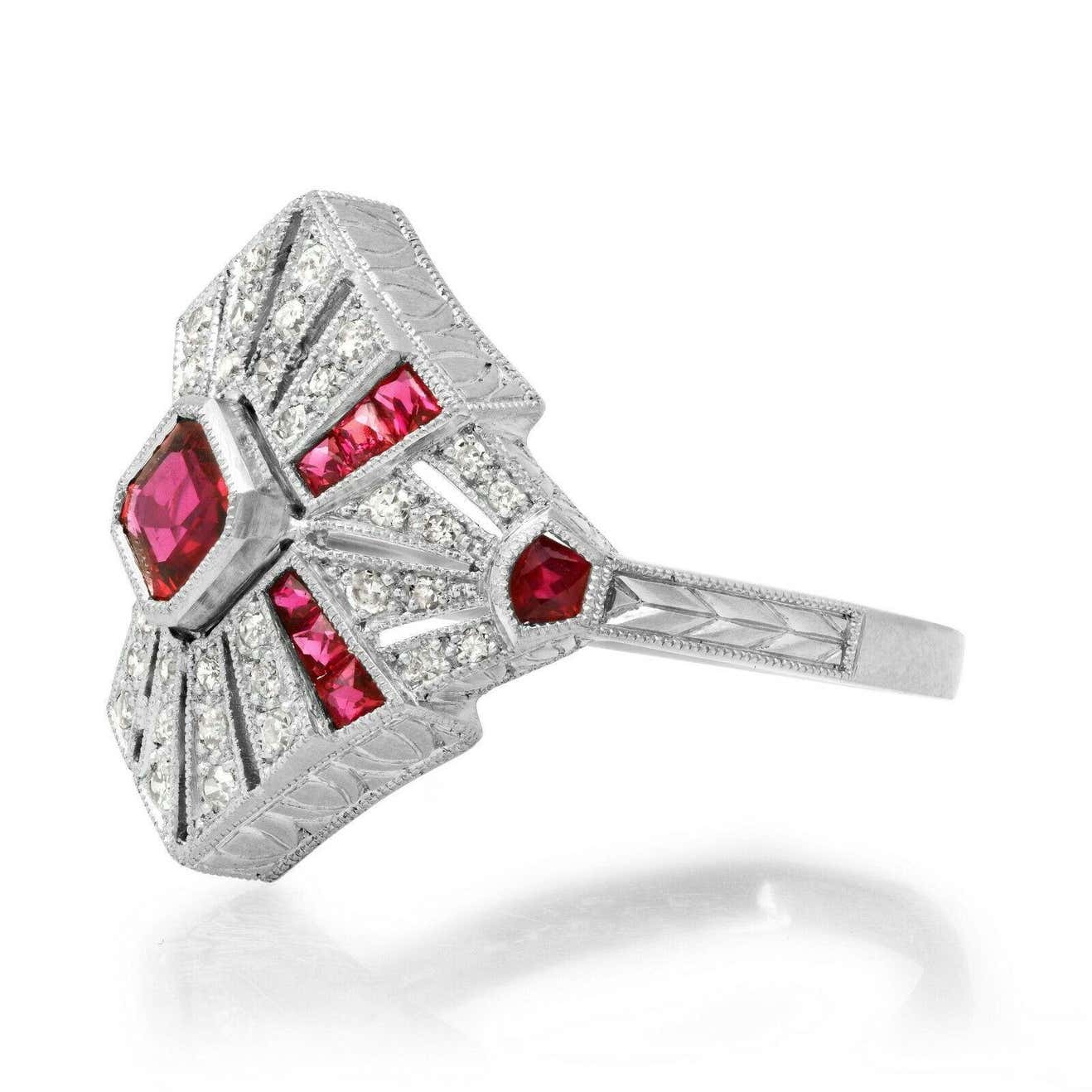 Art Deco Square Cut Ruby Diamond Platinum Engagement Ring