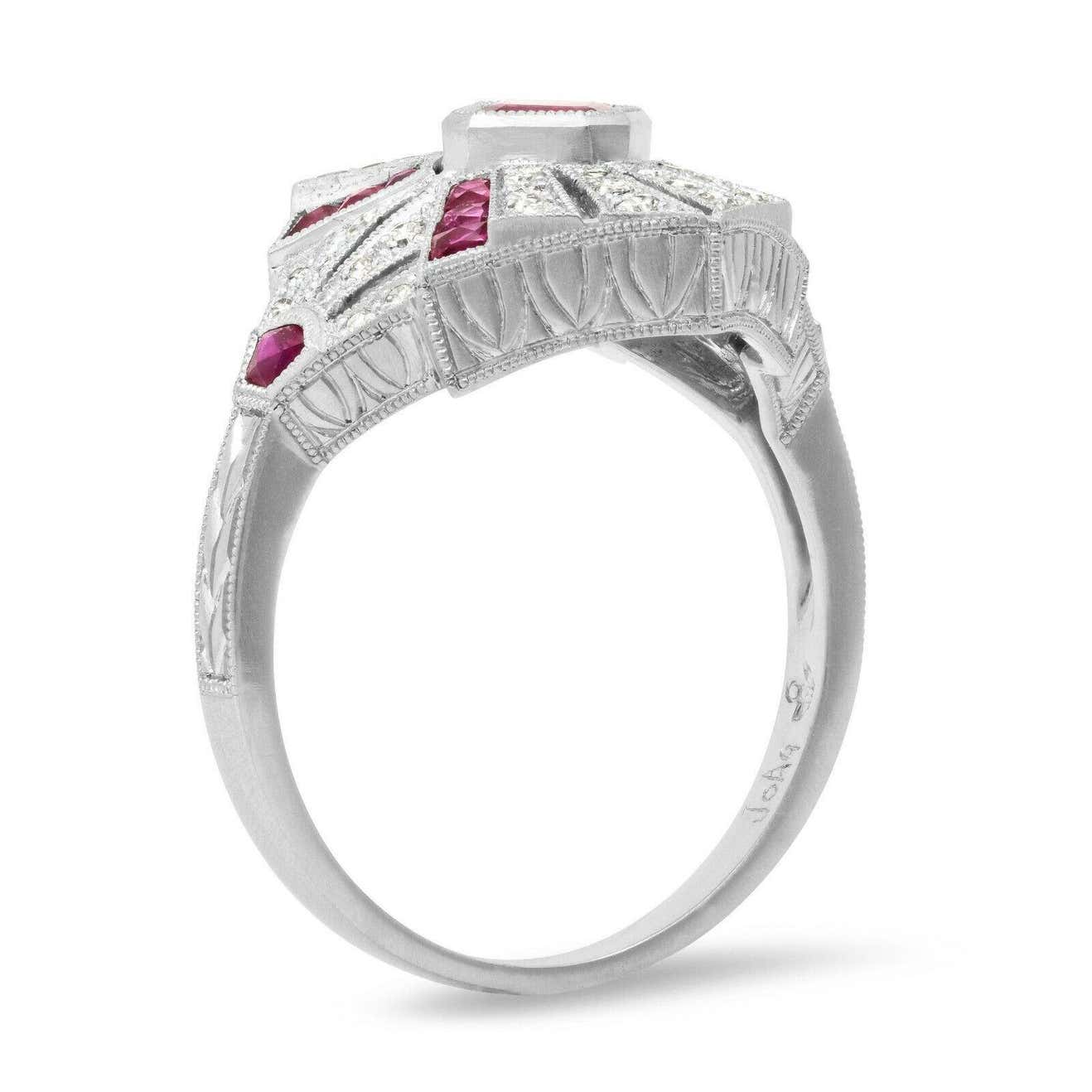 Art Deco Square Cut Ruby Diamond Platinum Engagement Ring