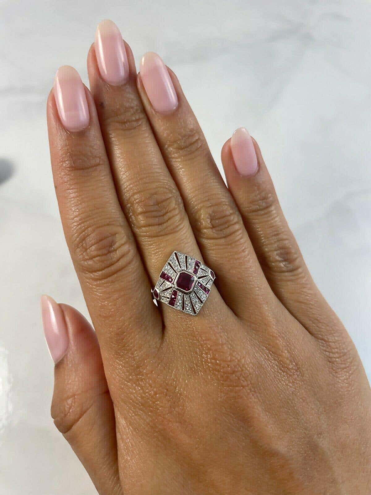 Art Deco Square Cut Ruby Diamond Platinum Engagement Ring