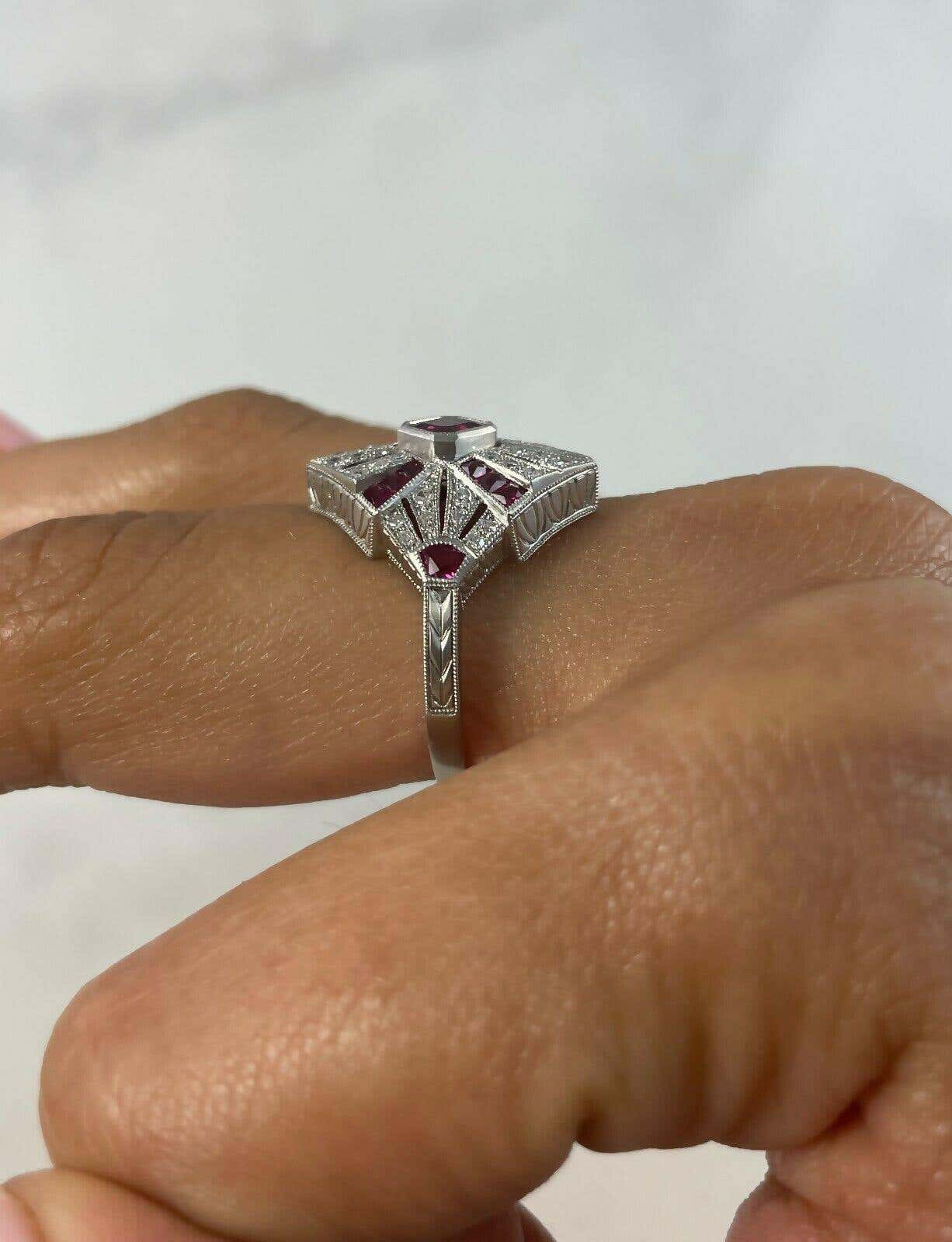 Art Deco Square Cut Ruby Diamond Platinum Engagement Ring